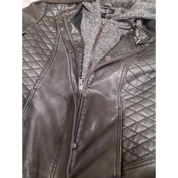 Mo-Ka Women SZ S dk Grey faux Leather Moto jacket Biker quilted hooded goth punk - Picture 8 of 12